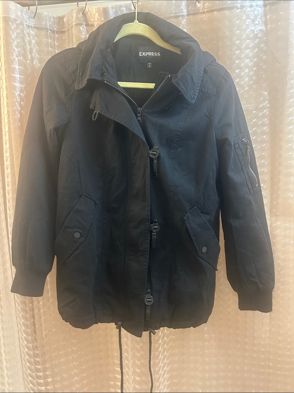 Express Black Hooded Utility Coat with Front Zip and Snap Closures